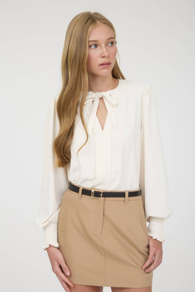 Cream Necktie Long Sleeve Top