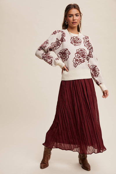 Floral Jacquard Puff-Sleeve Sweater