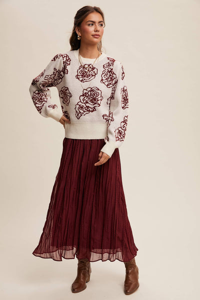 Floral Jacquard Puff-Sleeve Sweater