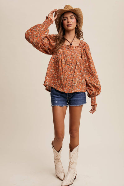 Square-Neck Floral Print Blouse