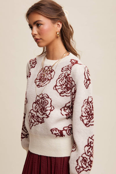 Floral Jacquard Puff-Sleeve Sweater