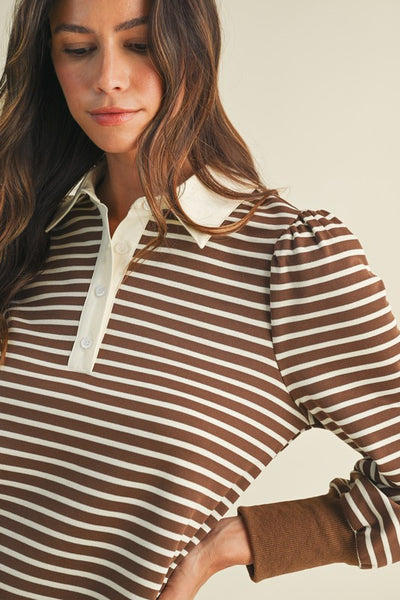Stripe French Terry Polo Mini Dress Mocha