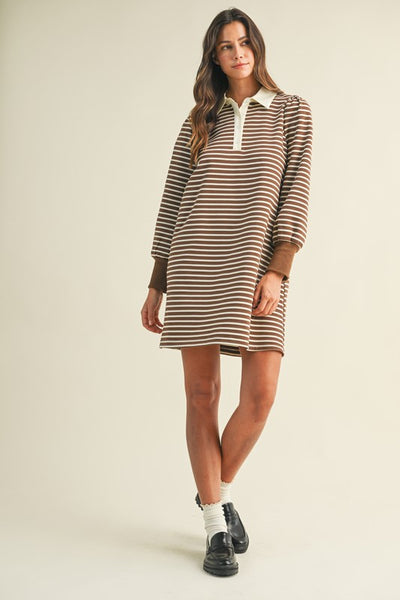 Stripe French Terry Polo Mini Dress Mocha