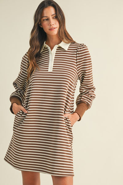 Stripe French Terry Polo Mini Dress Mocha
