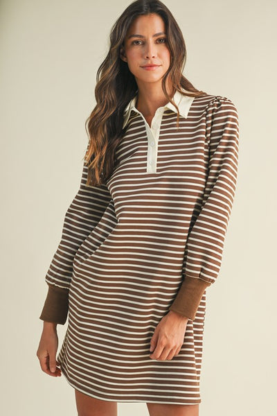 Stripe French Terry Polo Mini Dress Mocha