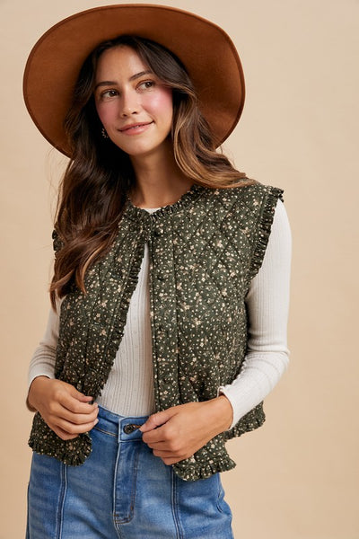 Ditsy Print Quilted Vest – Deep Green