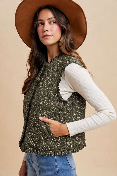 Ditsy Print Quilted Vest – Deep Green