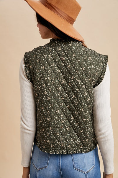 Ditsy Print Quilted Vest – Deep Green