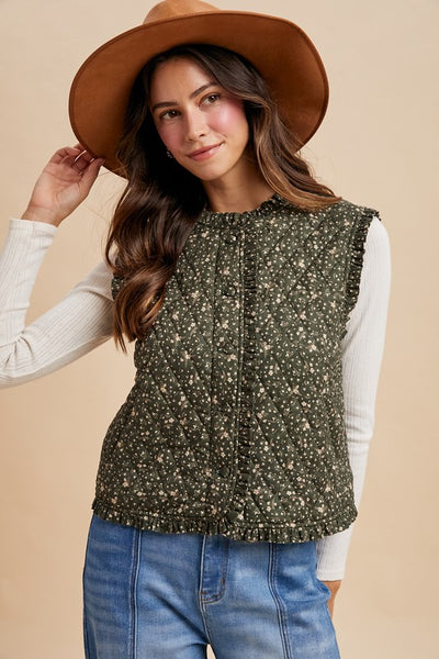 Ditsy Print Quilted Vest – Deep Green