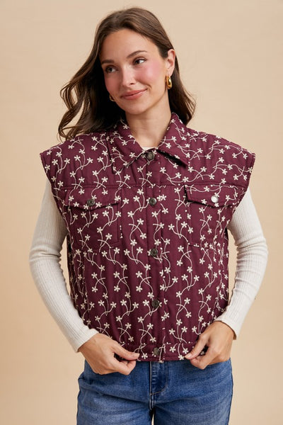 Floral Over Shoulder Padded Vest Burgundy