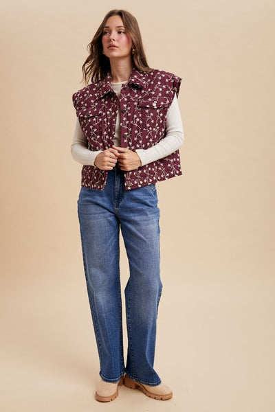 Floral Over Shoulder Padded Vest Burgundy