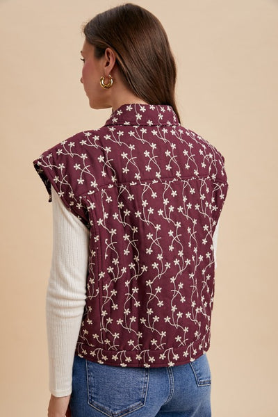 Floral Over Shoulder Padded Vest Burgundy