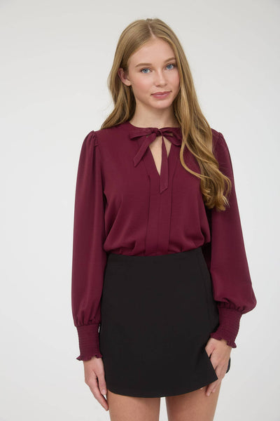 Burgundy Necktie Long Sleeve Top