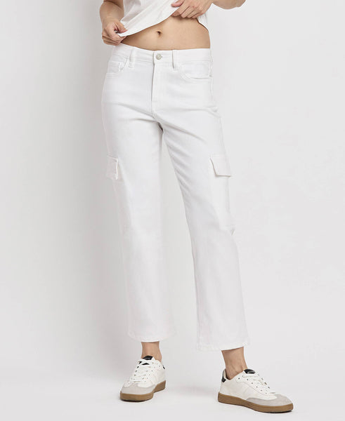 Vervet High Rise Crop Cargo Straight Jean White