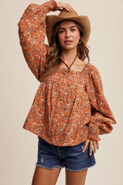 Square-Neck Floral Print Blouse