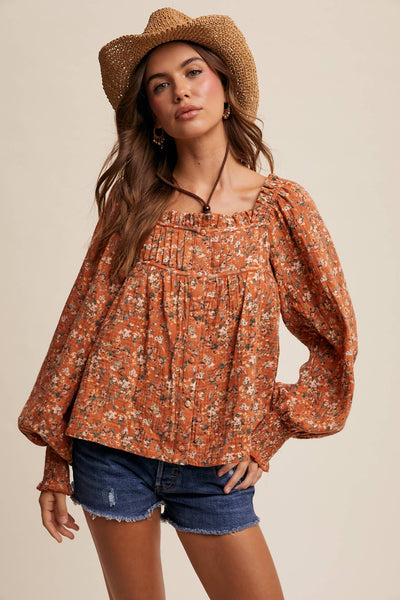 Square-Neck Floral Print Blouse