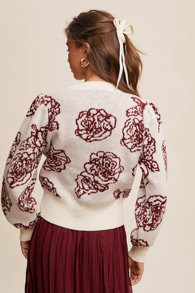 Floral Jacquard Puff-Sleeve Sweater