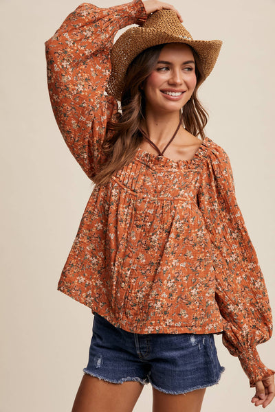 Square-Neck Floral Print Blouse