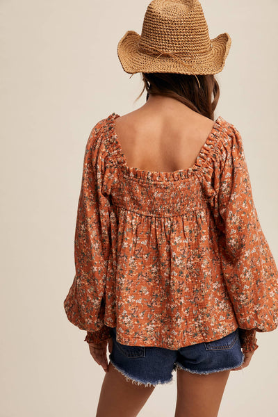 Square-Neck Floral Print Blouse