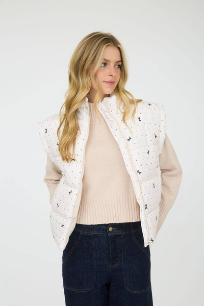 White Polka Dot Bow Puffer Vest