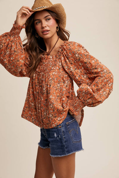 Square-Neck Floral Print Blouse