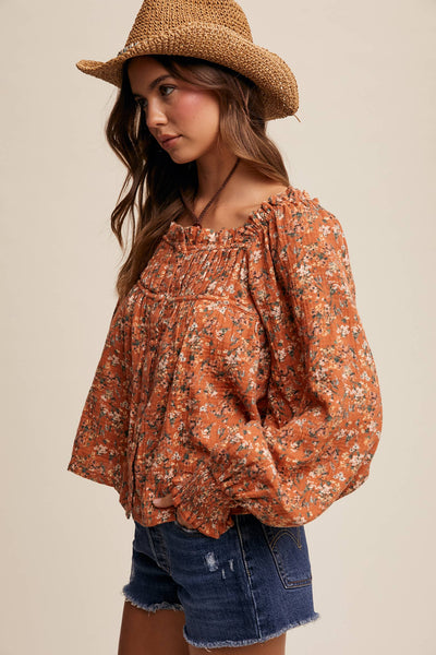 Square-Neck Floral Print Blouse