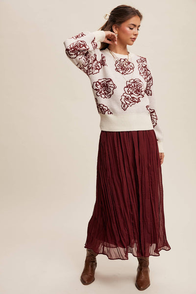 Floral Jacquard Puff-Sleeve Sweater