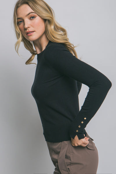 Fitted Button Sleeve Sweater Black