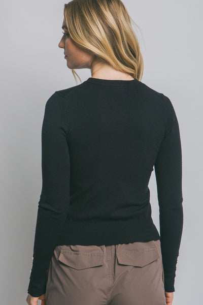 Fitted Button Sleeve Sweater Black