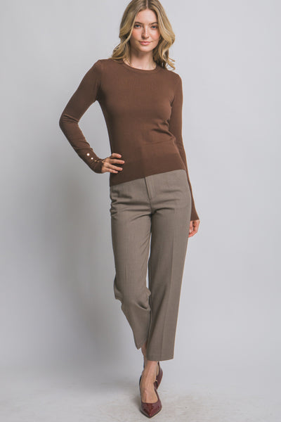 Fitted Button Sleeve Sweater Brown