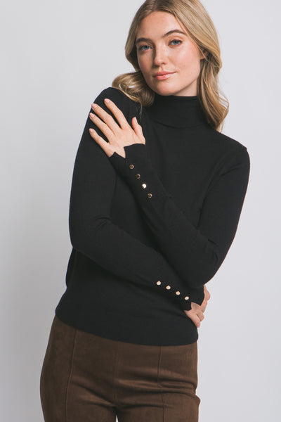 Turtle Neck Sweater with Button Sleeve Black