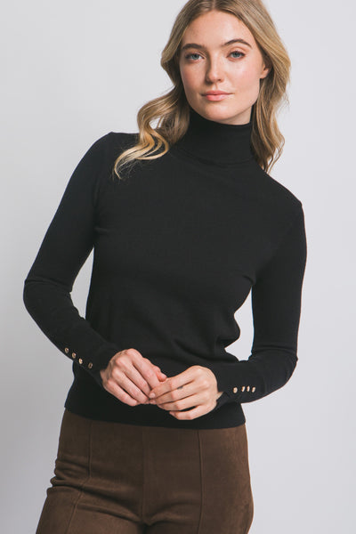 Turtle Neck Sweater with Button Sleeve Black