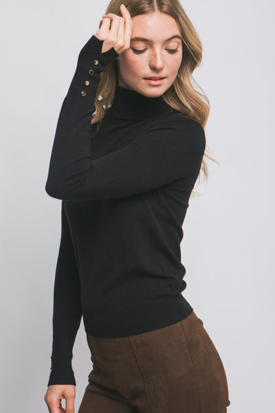 Turtle Neck Sweater with Button Sleeve Black