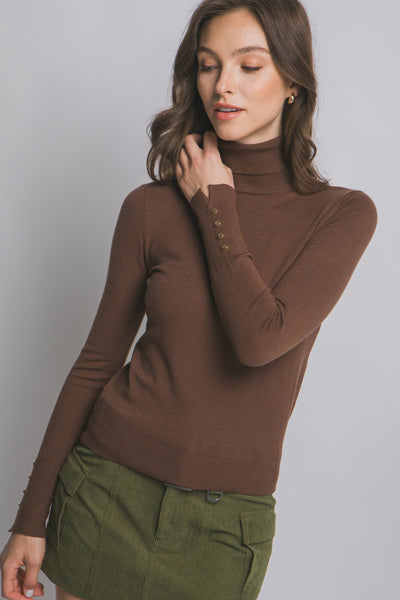 Turtle Neck Sweater with Button Sleeve Brown