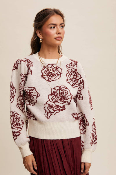 Floral Jacquard Puff-Sleeve Sweater