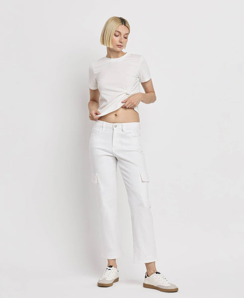 Vervet High Rise Crop Cargo Straight Jean White