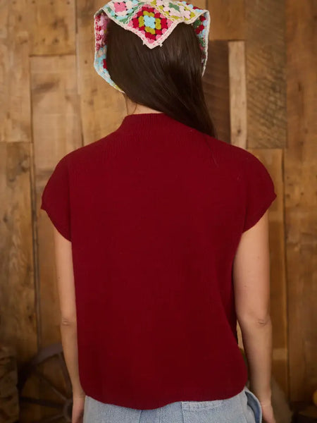 Floral Trim Mock Neck Sweater – Burgundy