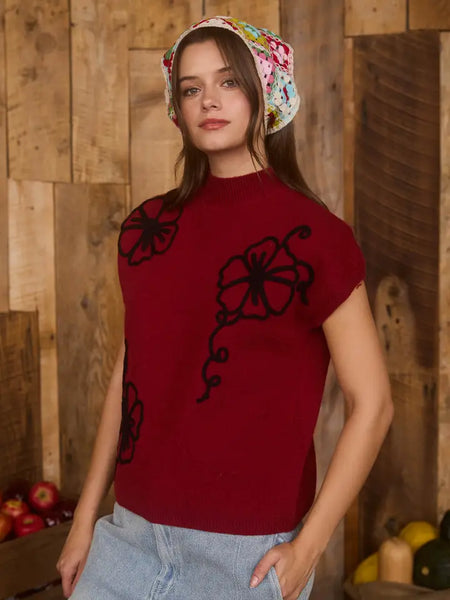 Floral Trim Mock Neck Sweater – Burgundy