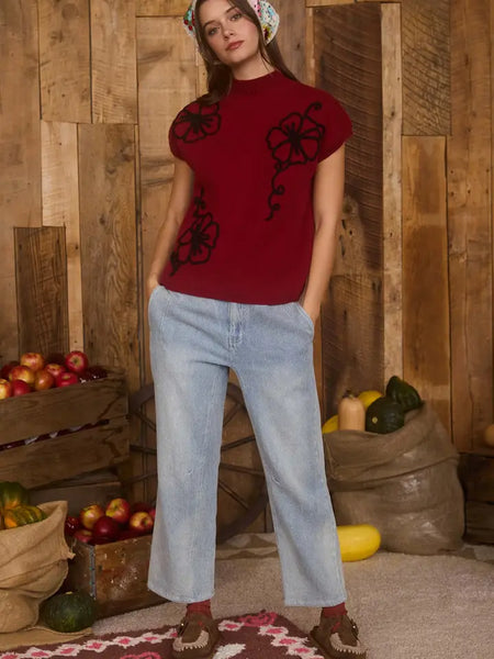 Floral Trim Mock Neck Sweater – Burgundy