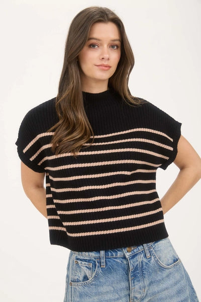 Stripe Mock Neck Short Sleeve Sweater Black