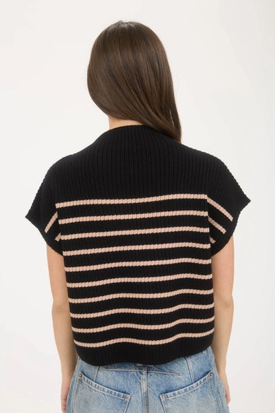 Stripe Mock Neck Short Sleeve Sweater Black