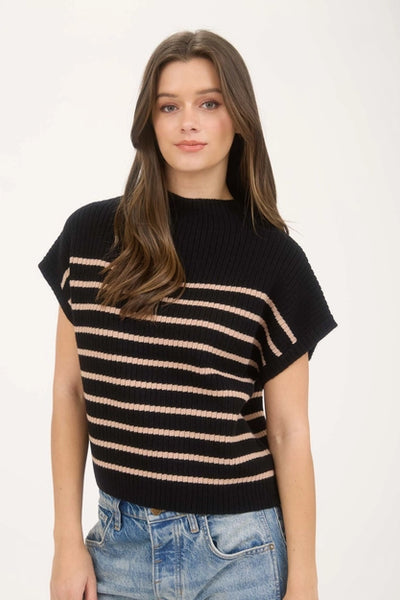 Stripe Mock Neck Short Sleeve Sweater Black