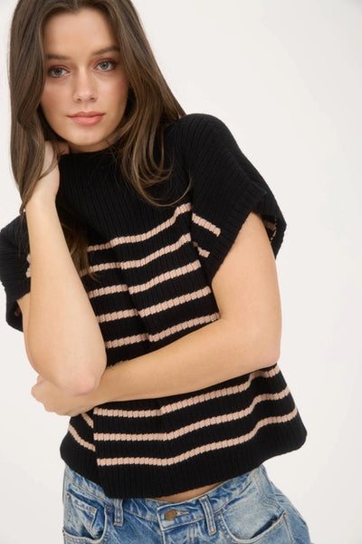 Stripe Mock Neck Short Sleeve Sweater Black