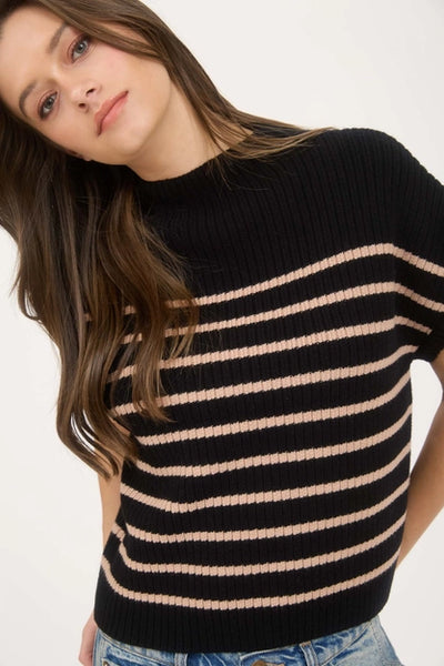 Stripe Mock Neck Short Sleeve Sweater Black