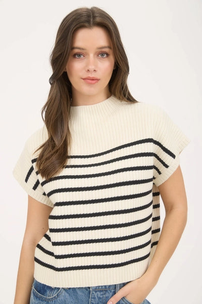 Stripe Mock Neck Short Sleeve Sweater Ivory