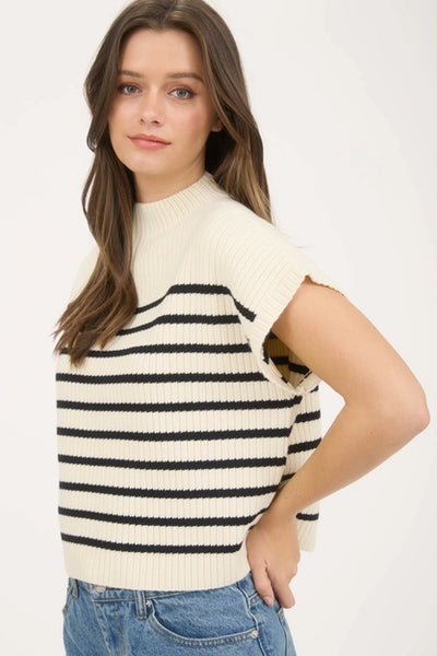 Stripe Mock Neck Short Sleeve Sweater Ivory