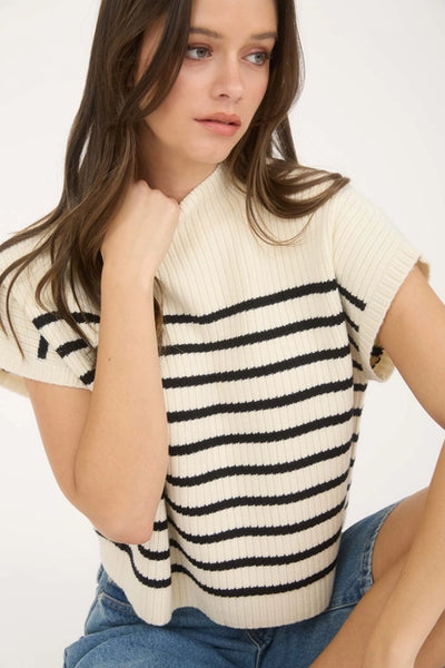 Stripe Mock Neck Short Sleeve Sweater Ivory