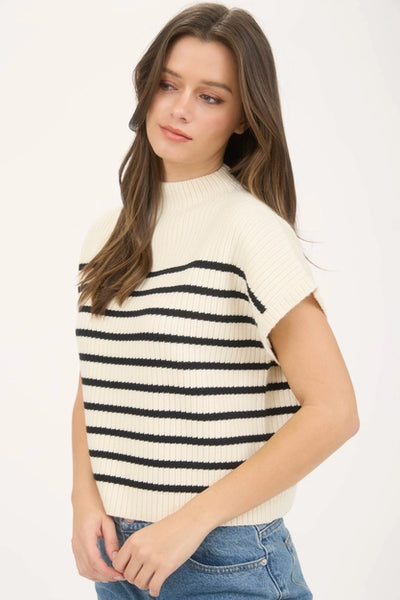 Stripe Mock Neck Short Sleeve Sweater Ivory