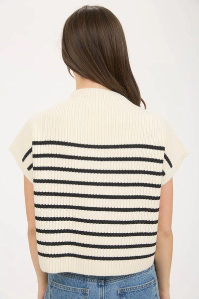 Stripe Mock Neck Short Sleeve Sweater Ivory