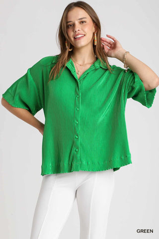 Brea Satin Pleated Button Shirt Green